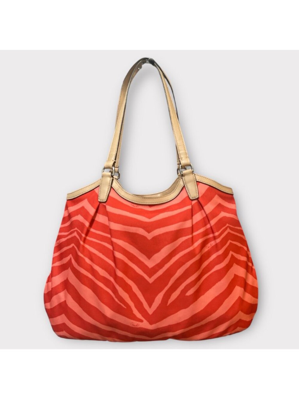 Coach Devin Shoulder Bag F24022 Orange Animal Print Canvas Tan Leather Tote - Picture 3 of 7